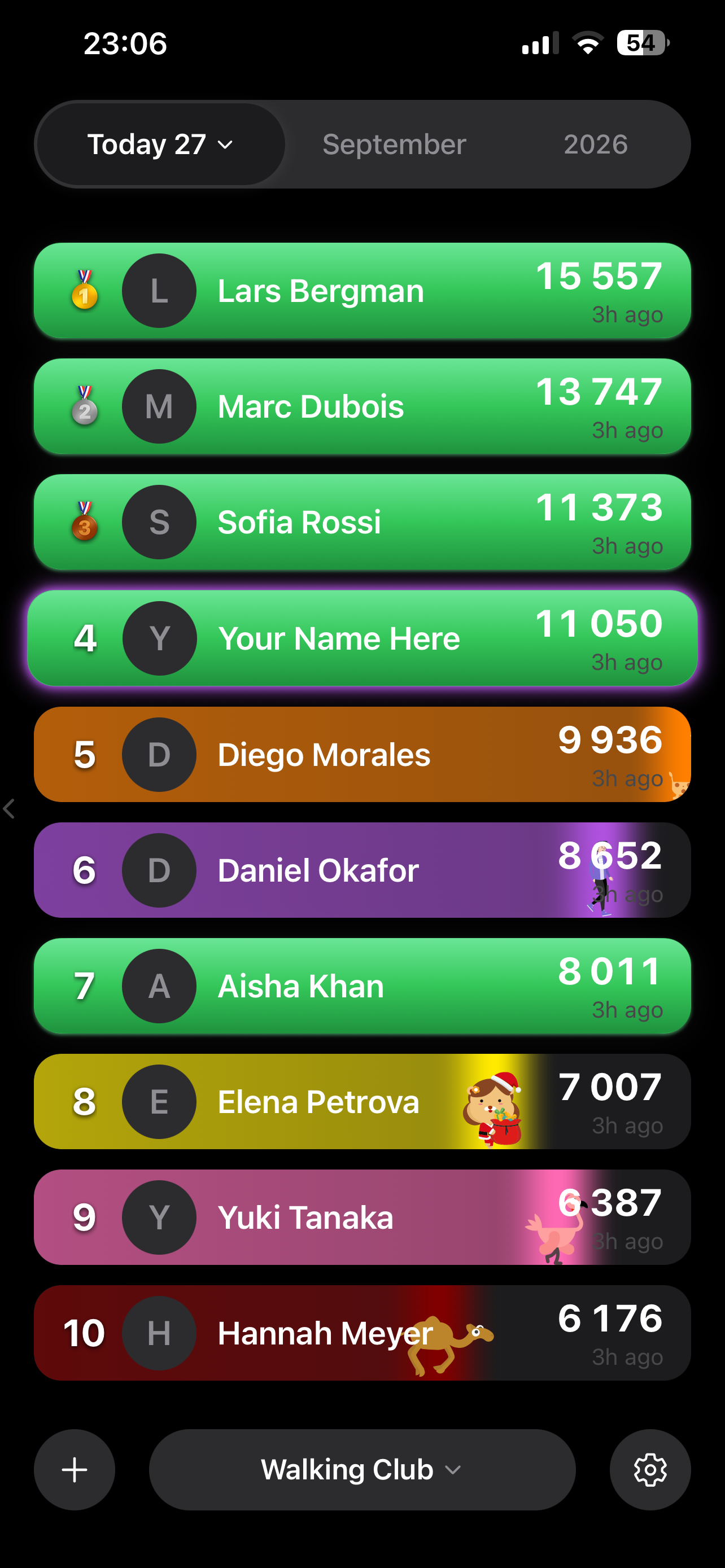 StepLink's leaderboard: a group's members ranked by today's steps, the ones who reached their goal in green.